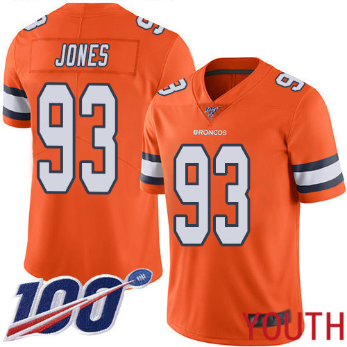 Youth Denver Broncos #93 Dre Mont Jones Limited Orange Rush Vapor Untouchable 100th Season Football NFL Jersey->youth nfl jersey->Youth Jersey